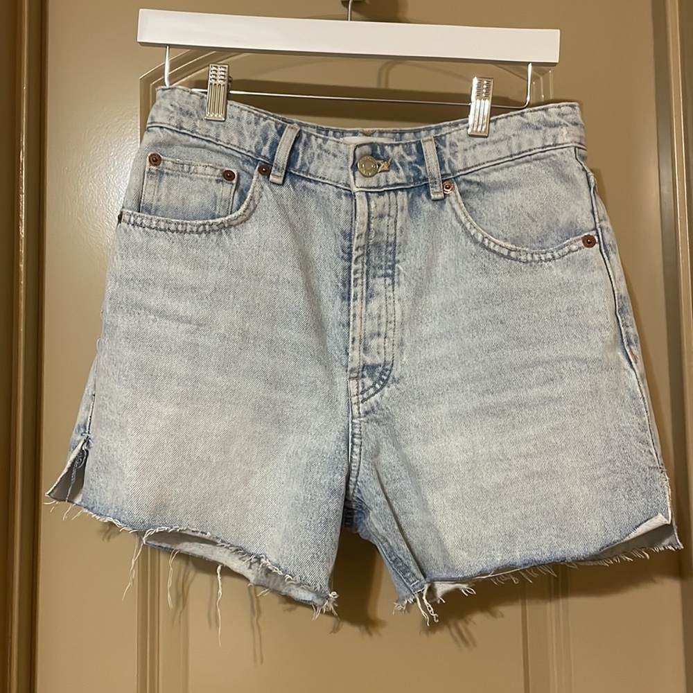 Hi Rise Straight Cut Split Shorts Zara womens jean shorts light wash blue